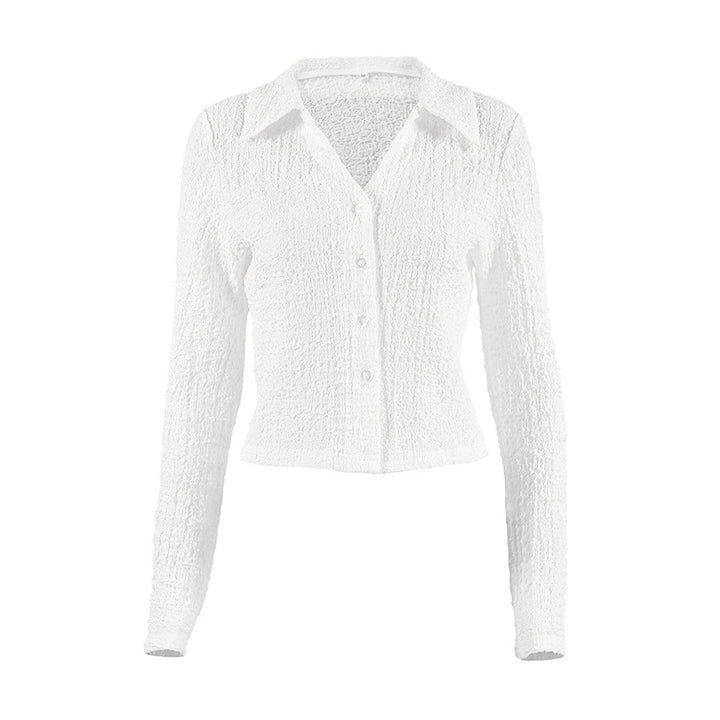 Dame langærmet bluse med struktureret materiale og elegant knapliste Stilla