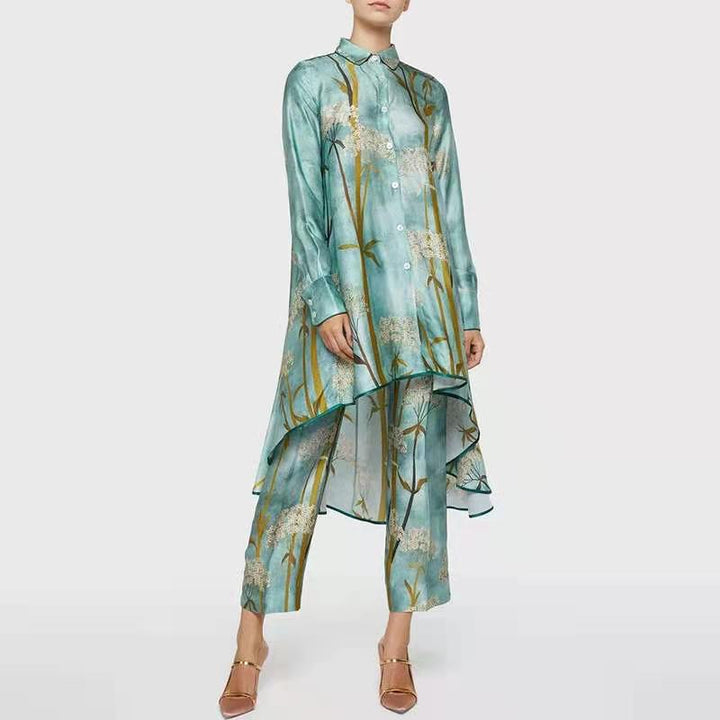 Dame Elegant tunika-outfit med asymmetrisk kant og blomstertrykt Stilla