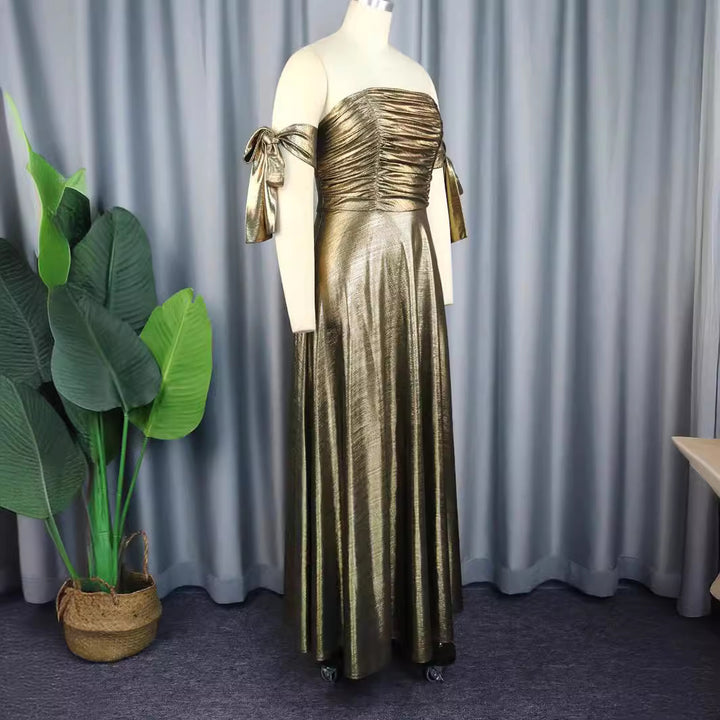 Dame Elegant maxikjole med ruched overdel og skinnende ærmer Skovae