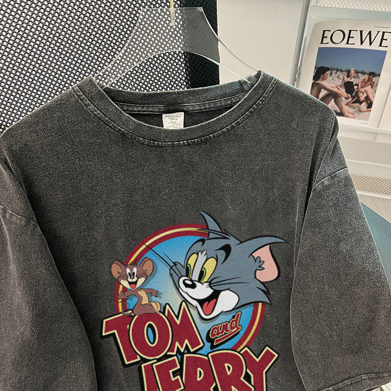 Dame T-shirt med kunstnerisk Tom og Jerry tryk og afslappet snit Stilla