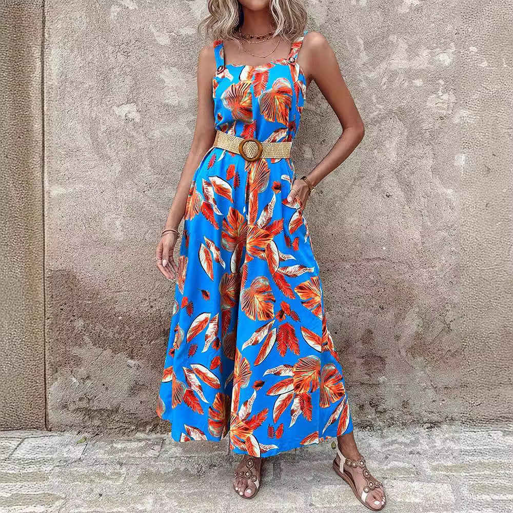 Dame jumpsuit med blomsterprint og bred ben Stilla