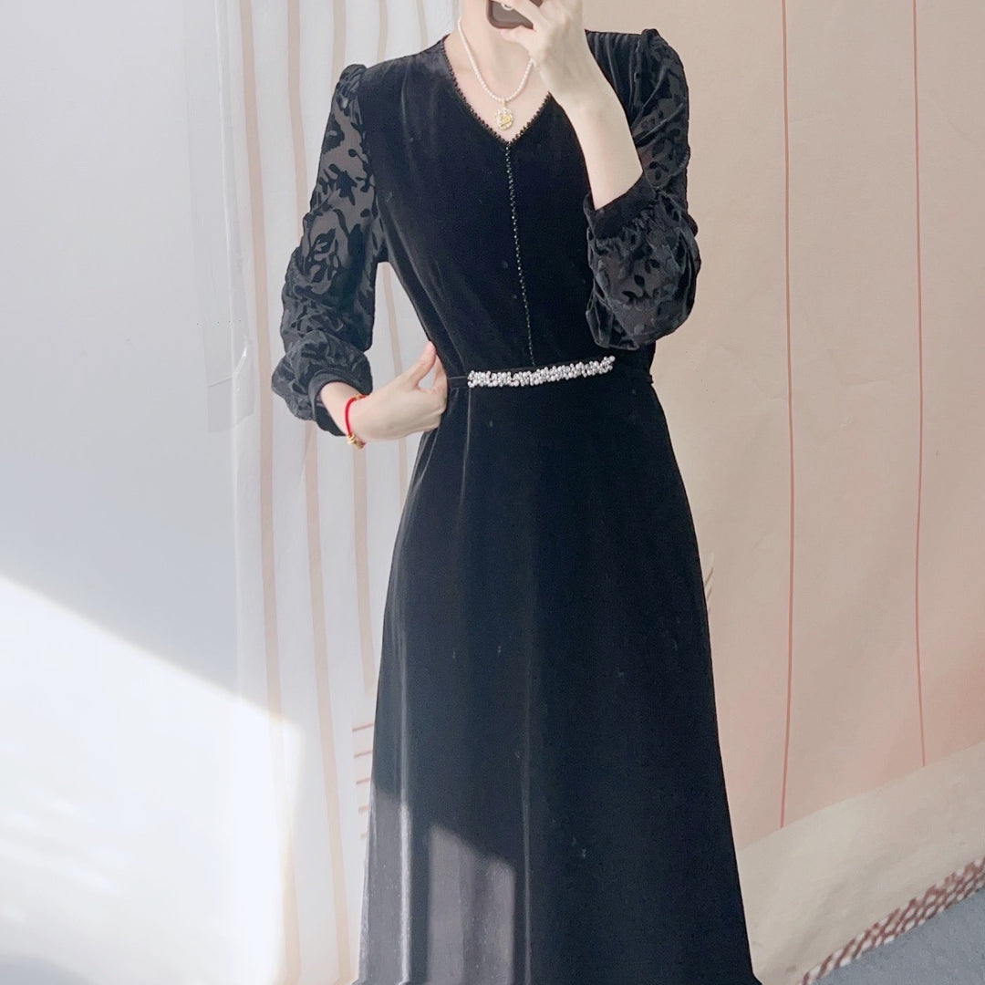 Dame A-linje Samt kjole med elegante puffærmer og dekoration Stilla