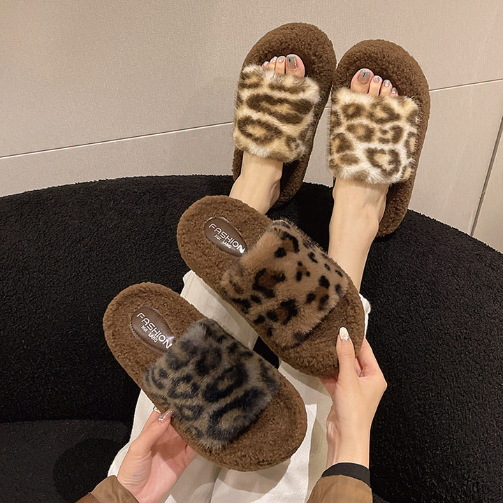 Dame Fluffy Pantoletten med moderne leopardmønster og behagelig sål Stilla