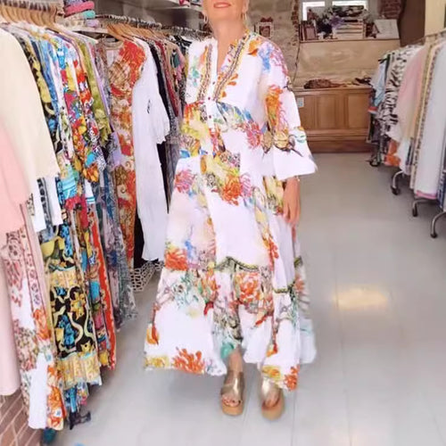 Dame Maxikjole med blomstertryk og trendy flæsedetaljer Stilla