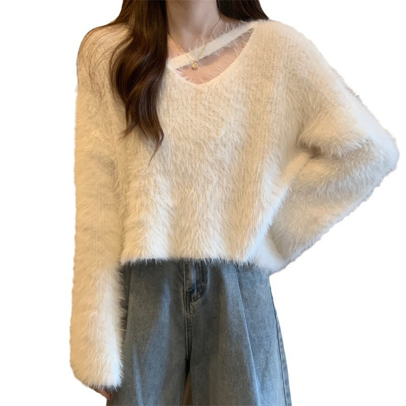 Kvinders fluffy sweater med afslappet skær og dyb V-hals Stilla