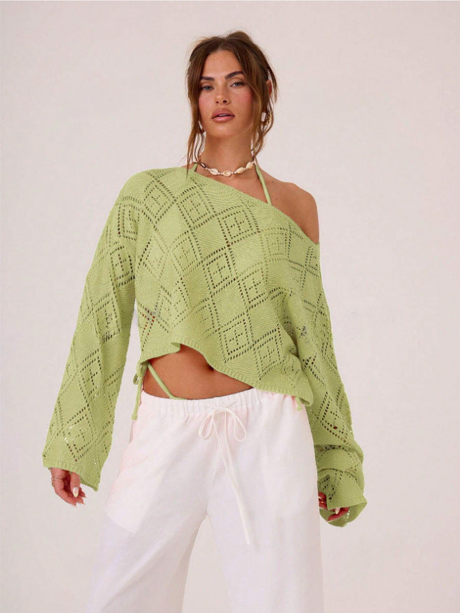 Dame luftig strikpullover med asymmetrisk design og fint mønster Stilla