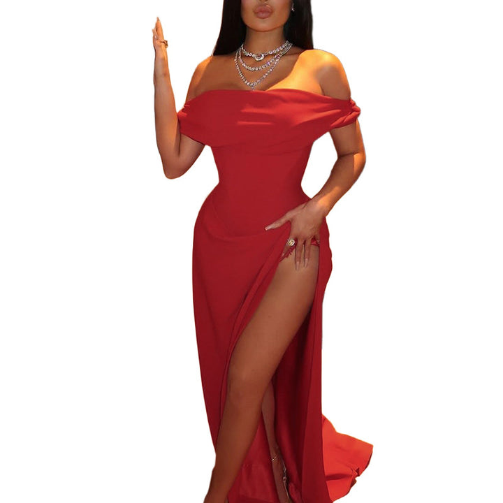 Dame Elegant Off-Shoulder-Maxi-Kjole med forførende split Skovae
