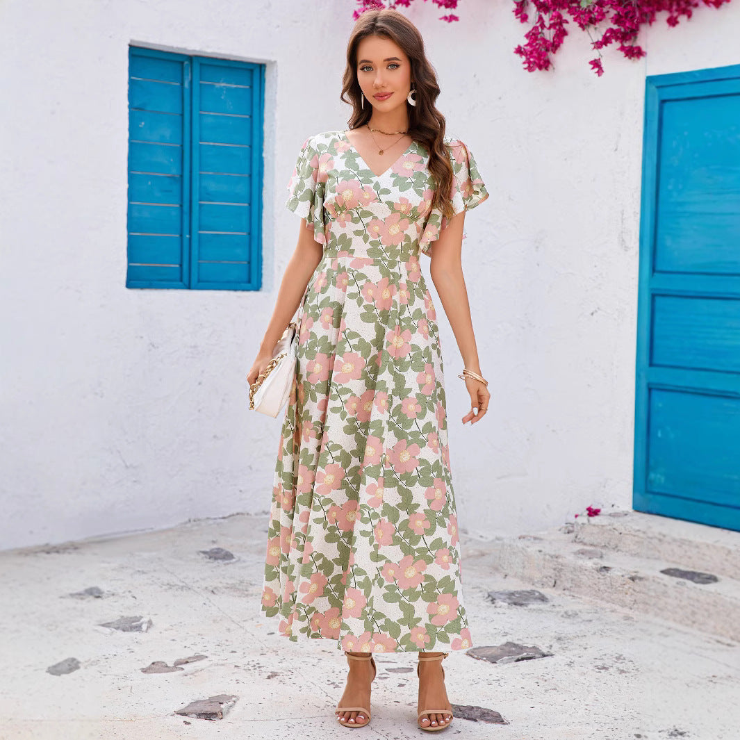 Dame Floral Print Maxi Kjole med Flattermer Stilla