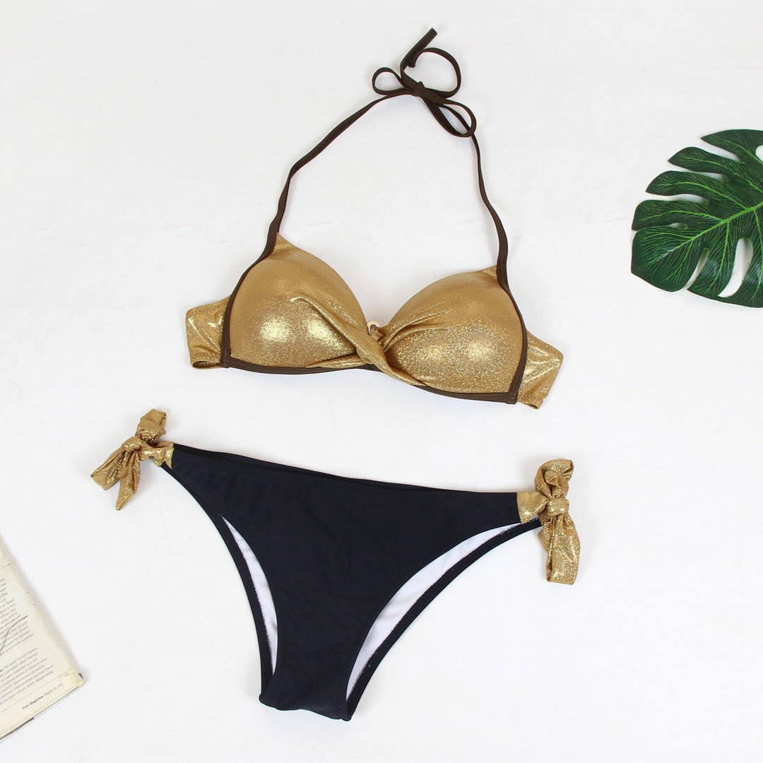 Dame Triangel-Bikini med glinsende kop-detaljer og trendy bindebånd Stilla