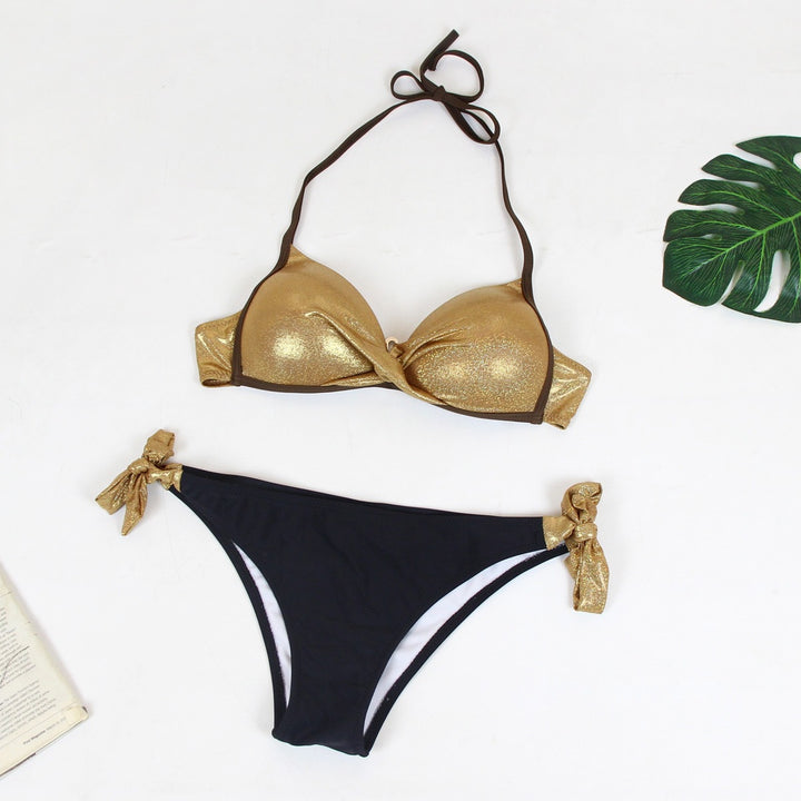 Dame Triangel-Bikini med glinsende kop-detaljer og trendy bindebånd Stilla