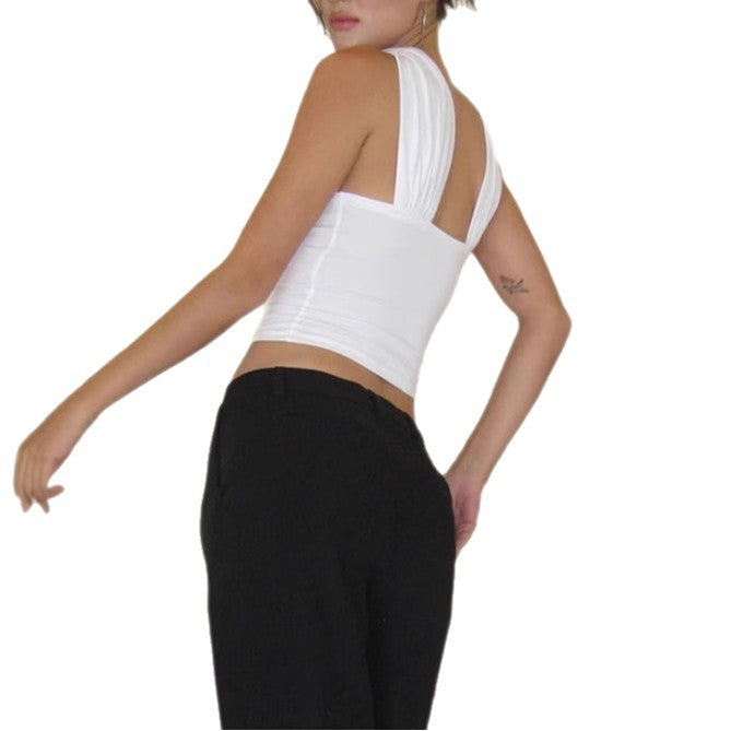 Dame crop top med flot indpakningskrave og figursyet snit Skovae