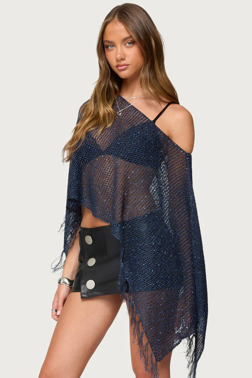 Dame netponcho med glitrende accenter Skovae