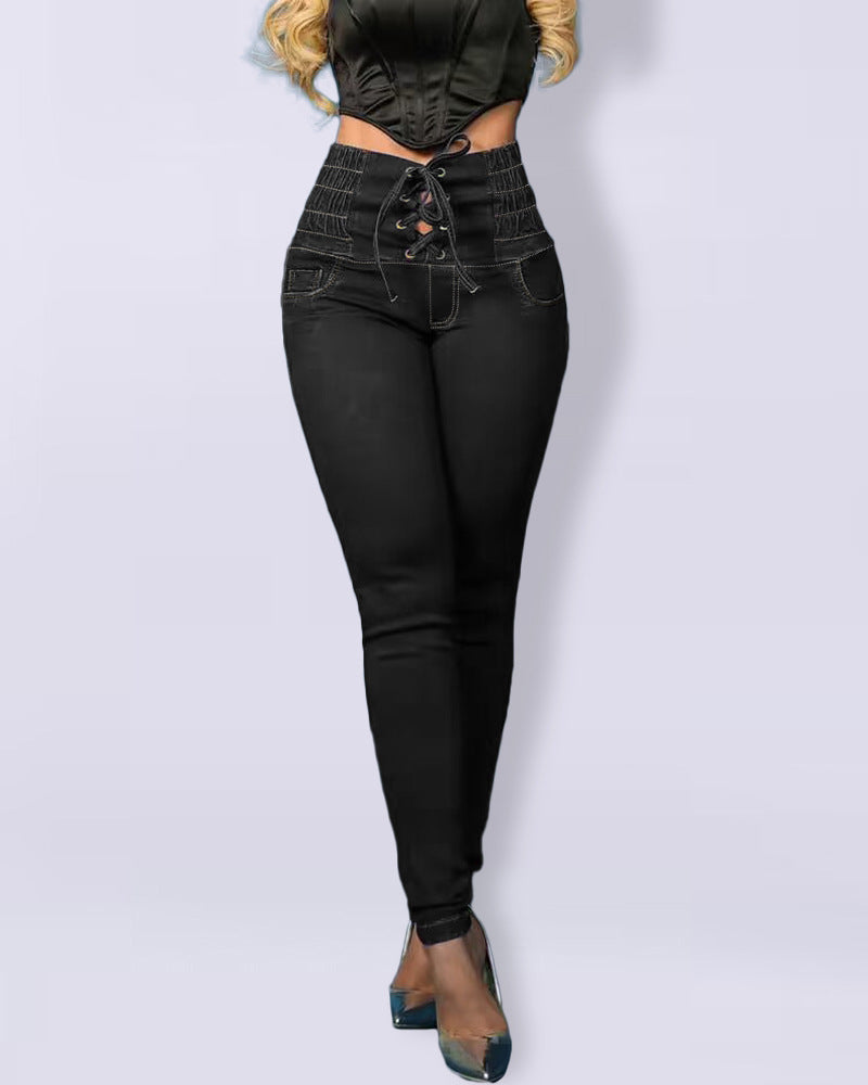 Dame High-Waist Jeans med snøring og tætsiddende snit Stilla