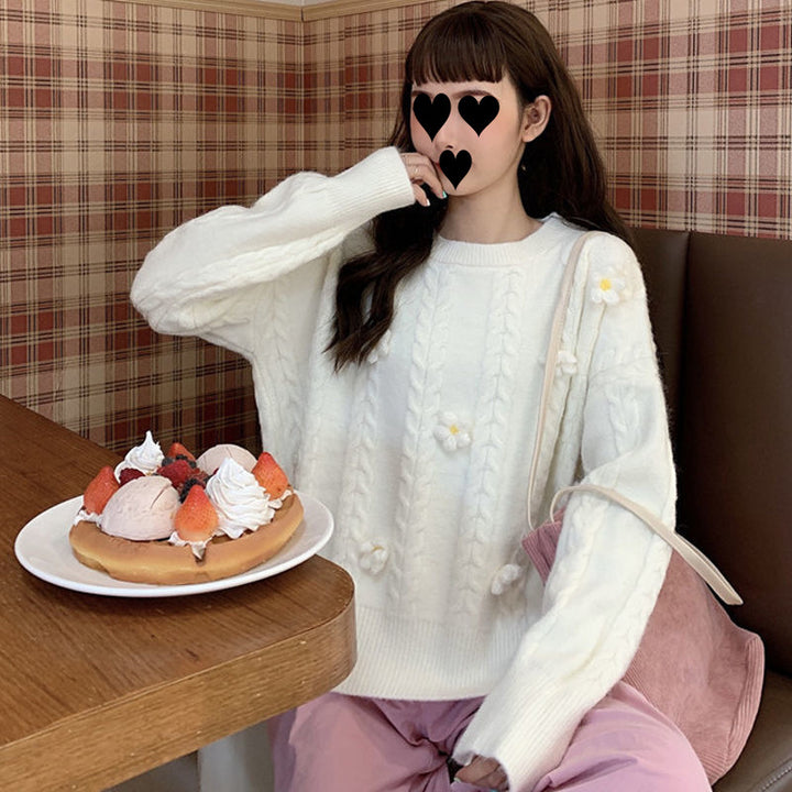 Dame Fashionable Chunky Strik Sweater med Blomsterapplikationer Stilla