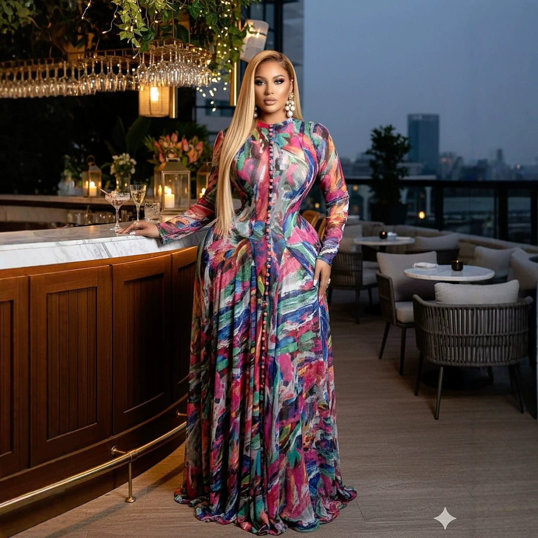 Dame Elegant Maxi kjole med struktureret grafisk design Skovae