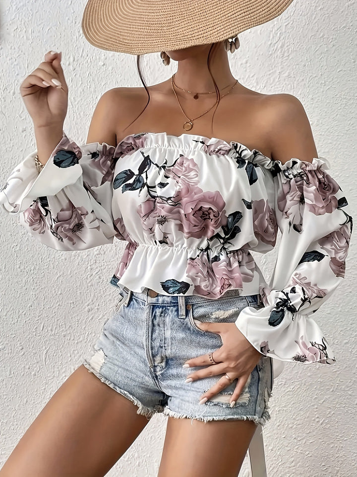 Dame Minimal Off-Shoulder Bluse med Rüschensaum og blomster mønster Stilla