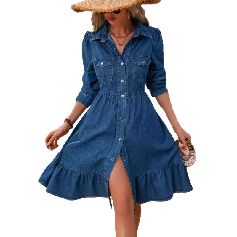 Femme Denim Button-Up Skjorte Kjole med Volangkant Stilla
