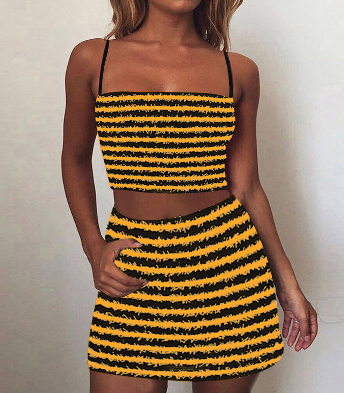 Dame stribet Crop Top og Mini skirt Sæt Stilla