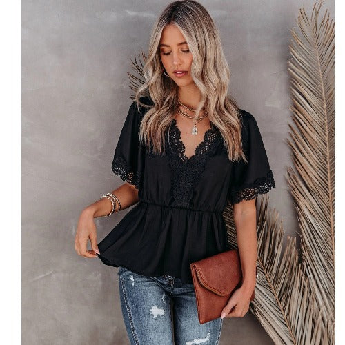 Femme Elegante Spidsbesætning Peplum Top Stilla