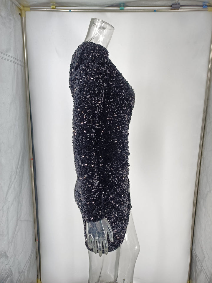Stilla | En Skulder Langærmet Paljet Mini Bodycon Kjole