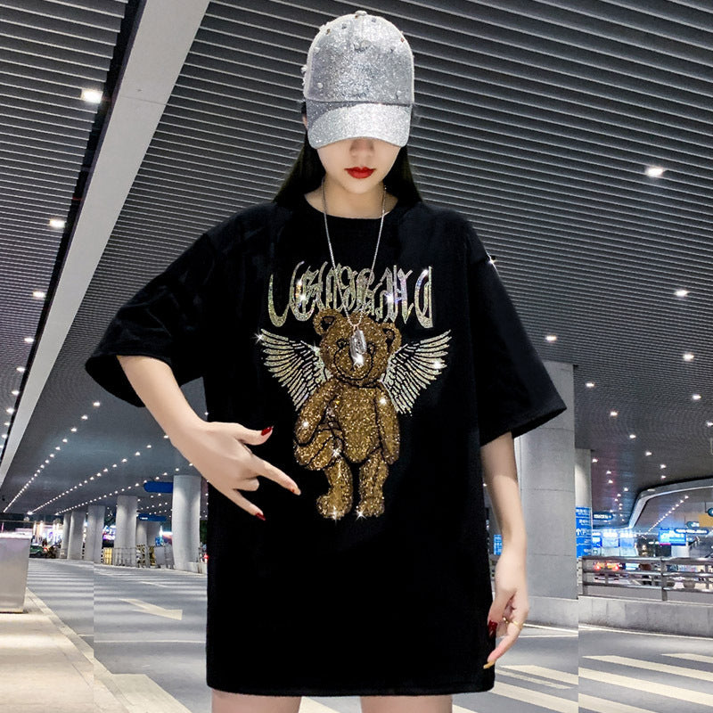 Dame T-shirt med glitrende bjørnemotiv og 3D-detaljer Stilla