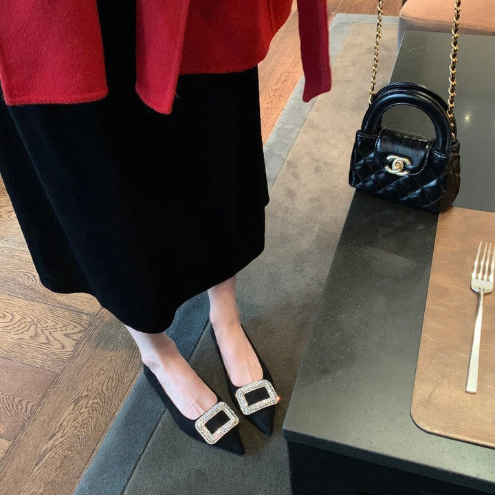Dame Elegant Spids-Tå Ballerinaer med Krystal-Detalje Stilla