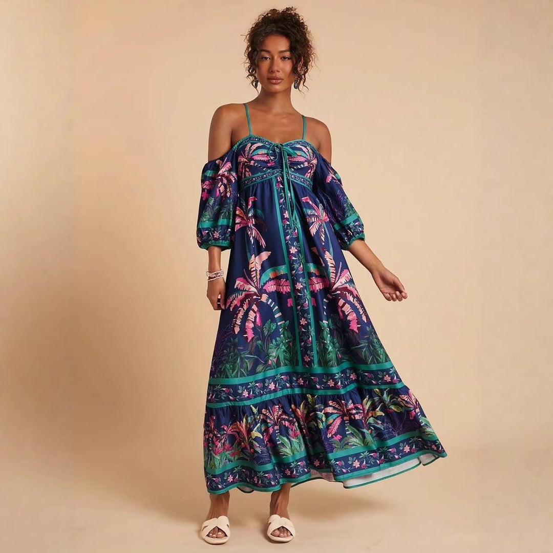 Kvinders maxikjole med off-shoulder design og tropisk print Skovae