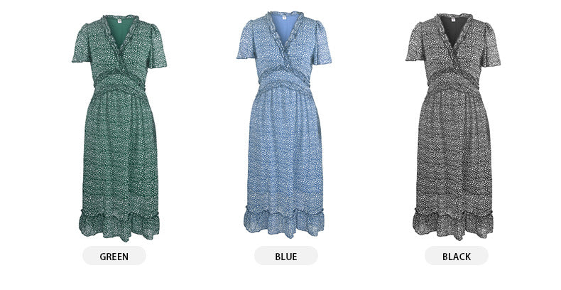 Stilla | V-hals Korte Ærmer Trykt Chiffon Midi Kjole