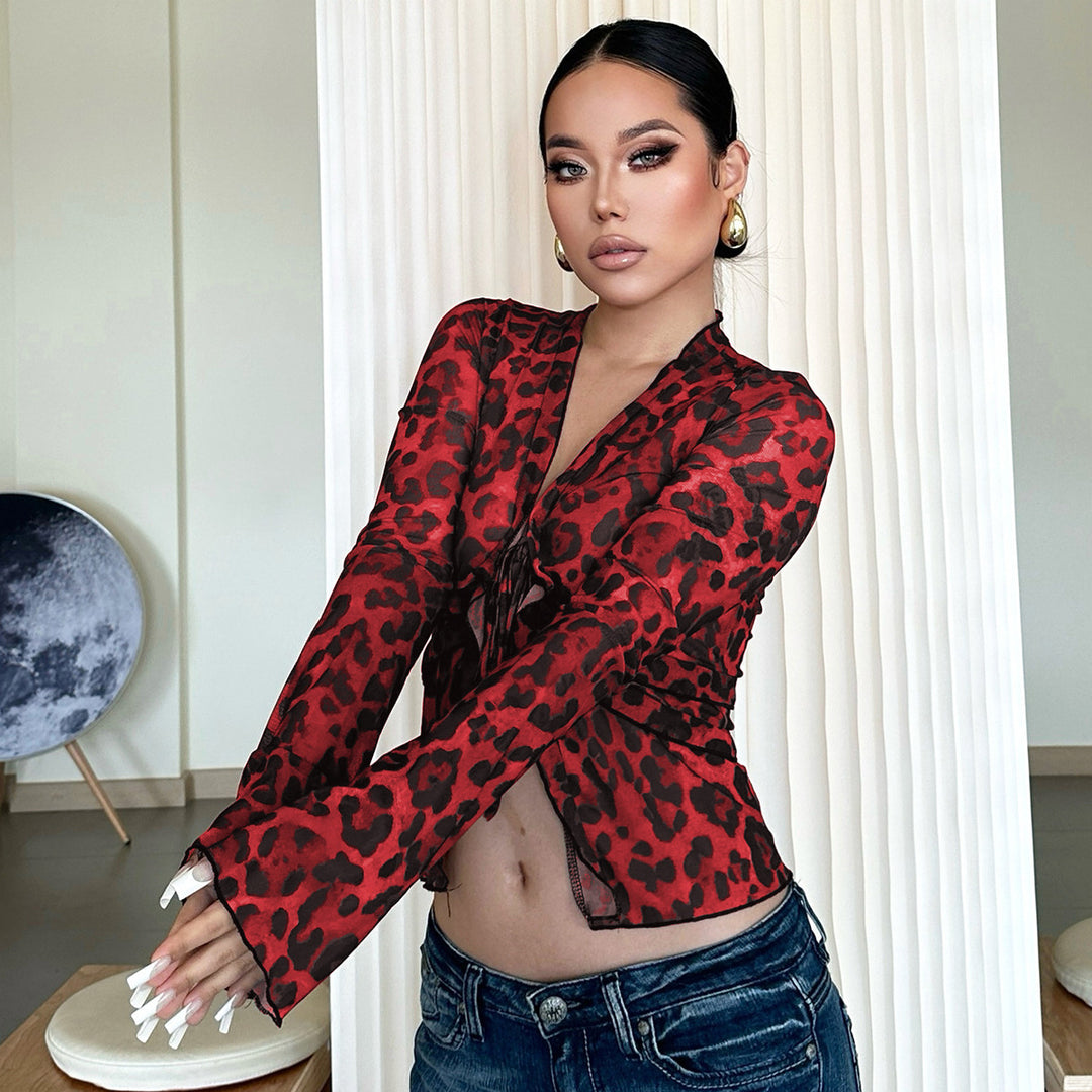 Dame let transparent top med leopardmønster Skovae