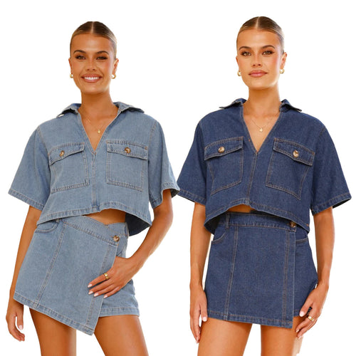 Dame Crop-Top og Mini nederdel sæt i denim-look Stilla