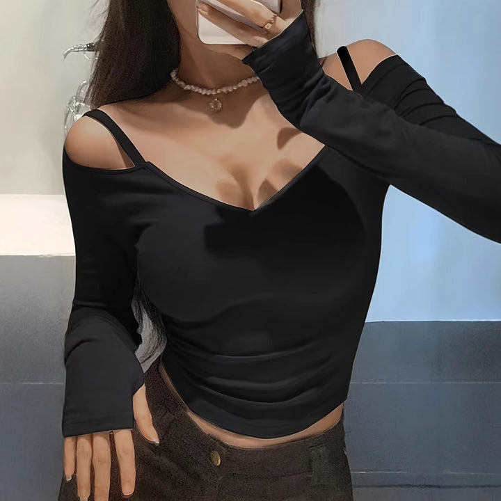 Dame Off-Shoulder Langærmetop med V-hals-design Stilla