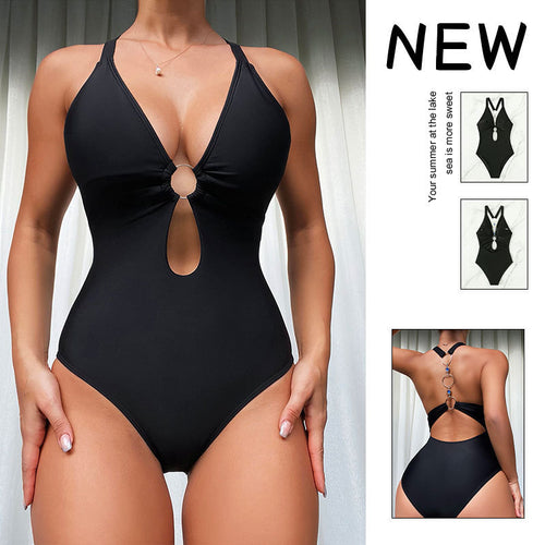 Dame One-Piece Badedragt med dyb V-hals og moderne knude