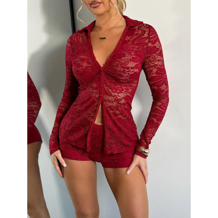 Damen Transparente Spitzenbluse mit knöpfbarem Ausschnitt und langem Arm Skovae