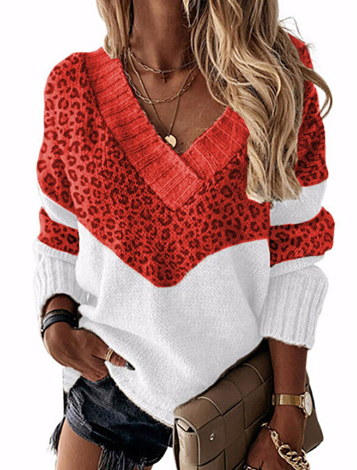 Dame moderigtig V-udskæring pullover med leopardmønster Stilla