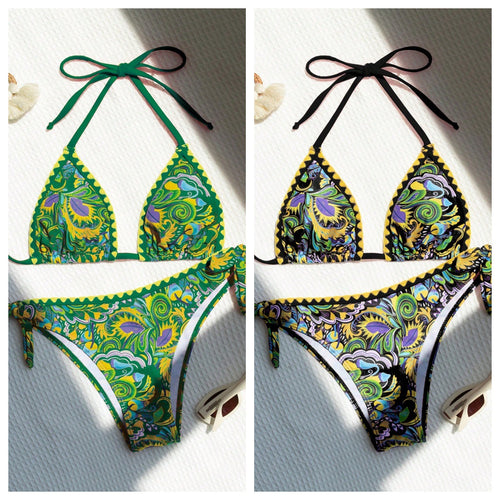 Dame triangel-bikini med farverigt print og justerbare stropper Skovae