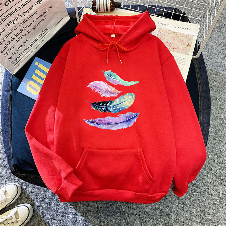 Kvindernes hoodie med kunstnerisk fjer motiv Skovae