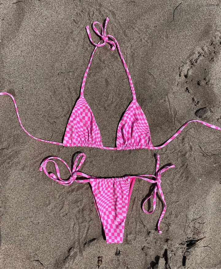 Dame Triangel-Bikini-sæt med trendy ternet mønster og justerbare stropper Stilla
