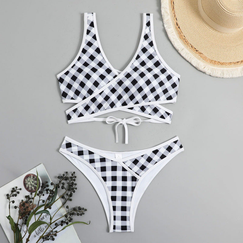Dame Triangel-Bikini med moderne indpakningsdesign og legende ternet mønster Skovae