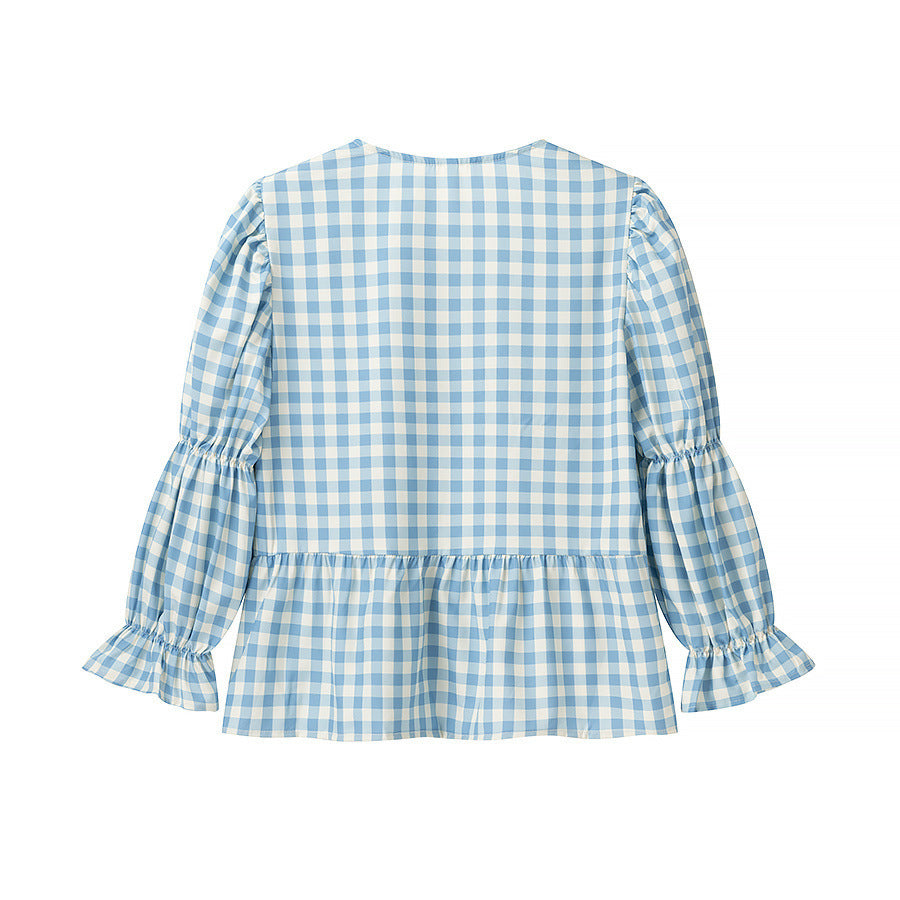 Damebluse med flæsedetaljer og bånd Stilla