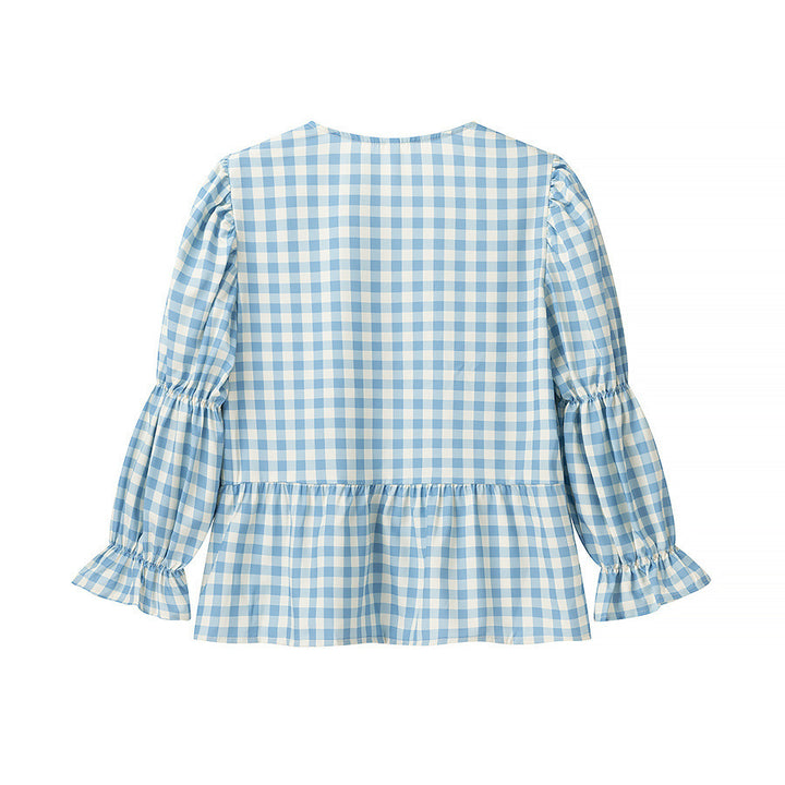 Damebluse med flæsedetaljer og bånd Stilla
