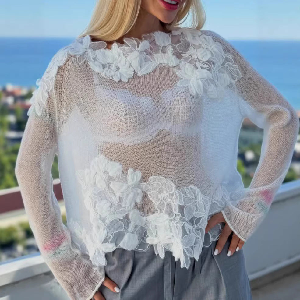 Women's striktrøje med blomsterlacre detaljer og gennemsigtigt design Stilla