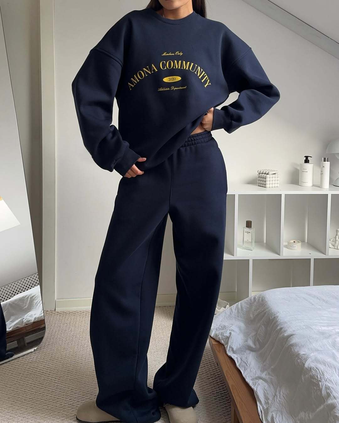 Kvinders afslappede oversized sweatshirt sæt med moderne bogstaver og elastisk taljeband