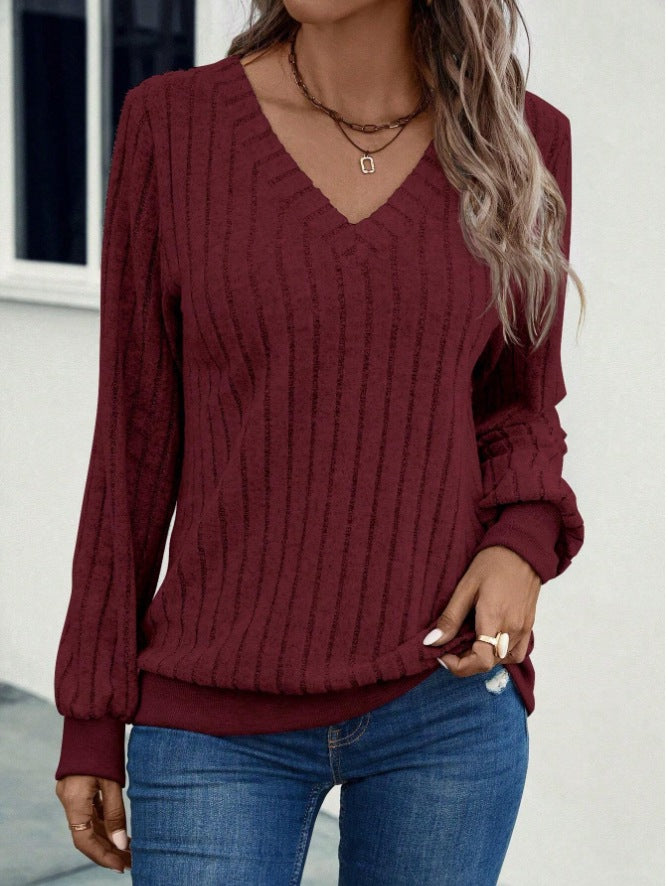 Dame afslappet V-hals sweater med ribstruktur Stilla