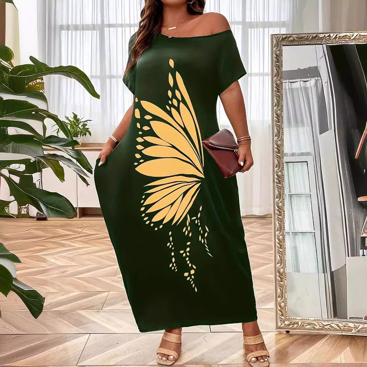 Dame Maxikjole med XXL sommerfuglemotiv og off-shoulder design Stilla