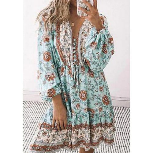 Dame Boho-inspireret fritidskjole med ballonærmer og knapdetalje Stilla