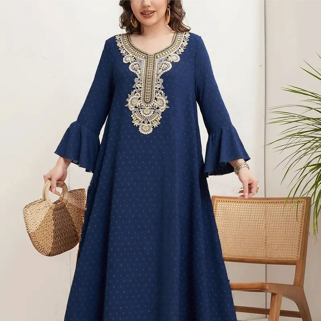 Femme Elegante Broderet Maxi Kjole med Udstillede Ærmer Stilla