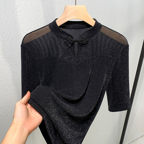 Dame kortærmet shirt med elegant blonde og glamorøs glimmertekstur Stilla