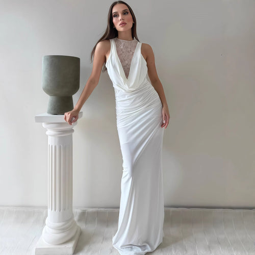 Dame Elegant Maxikjole med elegant Halterneck-design og raffineret Spidslage Skovae