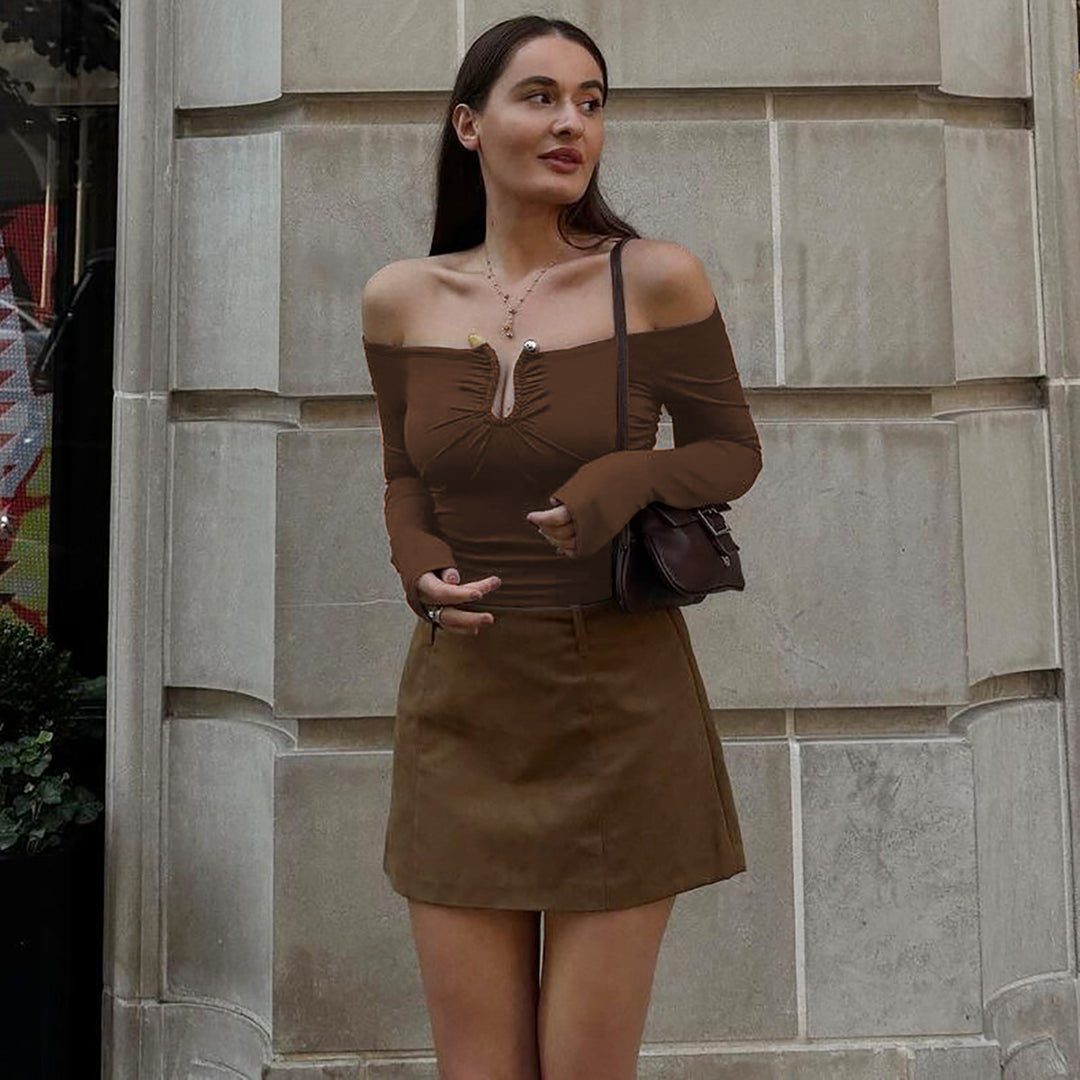 Dame Elegant Off-Shoulder Top med Rynkning og Lange Ærmer Stilla