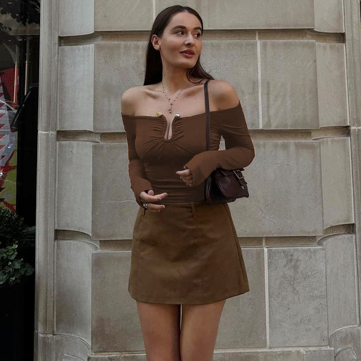 Dame Elegant Off-Shoulder Top med Rynkning og Lange Ærmer Stilla